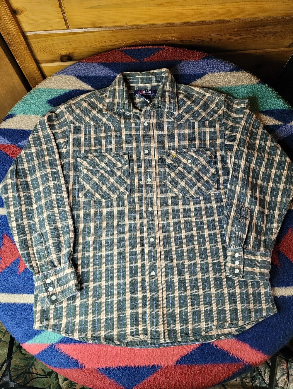 Five Brother Flannel Shirt Mens Large Green Plaid Pearl Snap Heavy